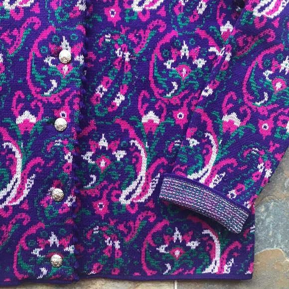 Catalina Jacquard Cardigan Vintage Sz 38 Small Knit Pink Purple Art Deco 50s 60s - Picture 4 of 6